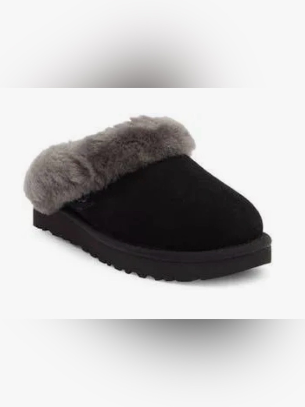 NWOT WOMENS UGH CLUGGETTE SHEARLIN SLIDES BLACK SUEDE W. GRAY FUR, SIZE 7 (EU 38